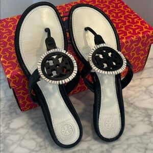 Tory Burch Black and White Logo Sandals